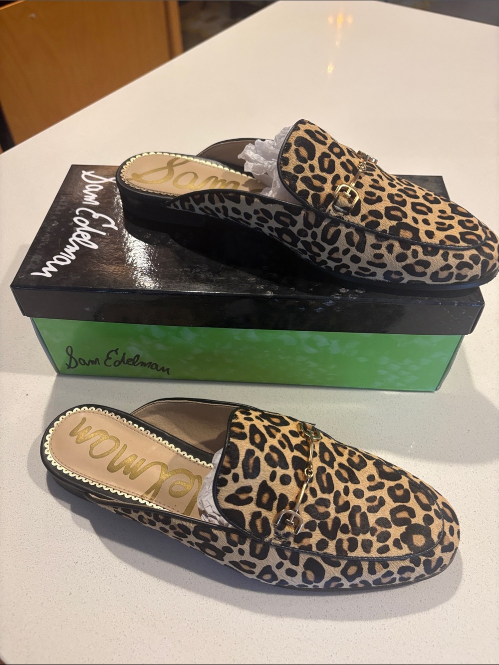 Sam Edelman Leopard-Print Slide Mules with Gold Buckle